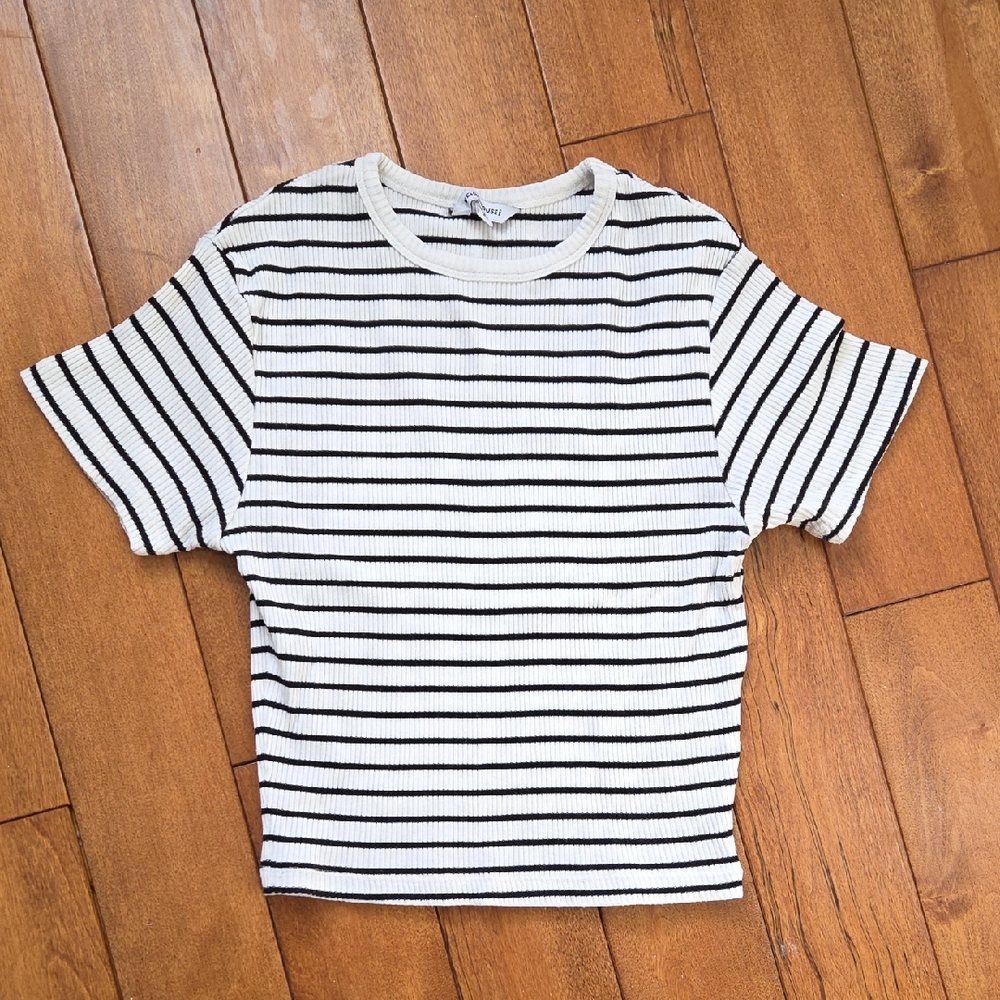 Clockhouse Striped Black and White Cropped Short Sleeve T-Shirt Size XS